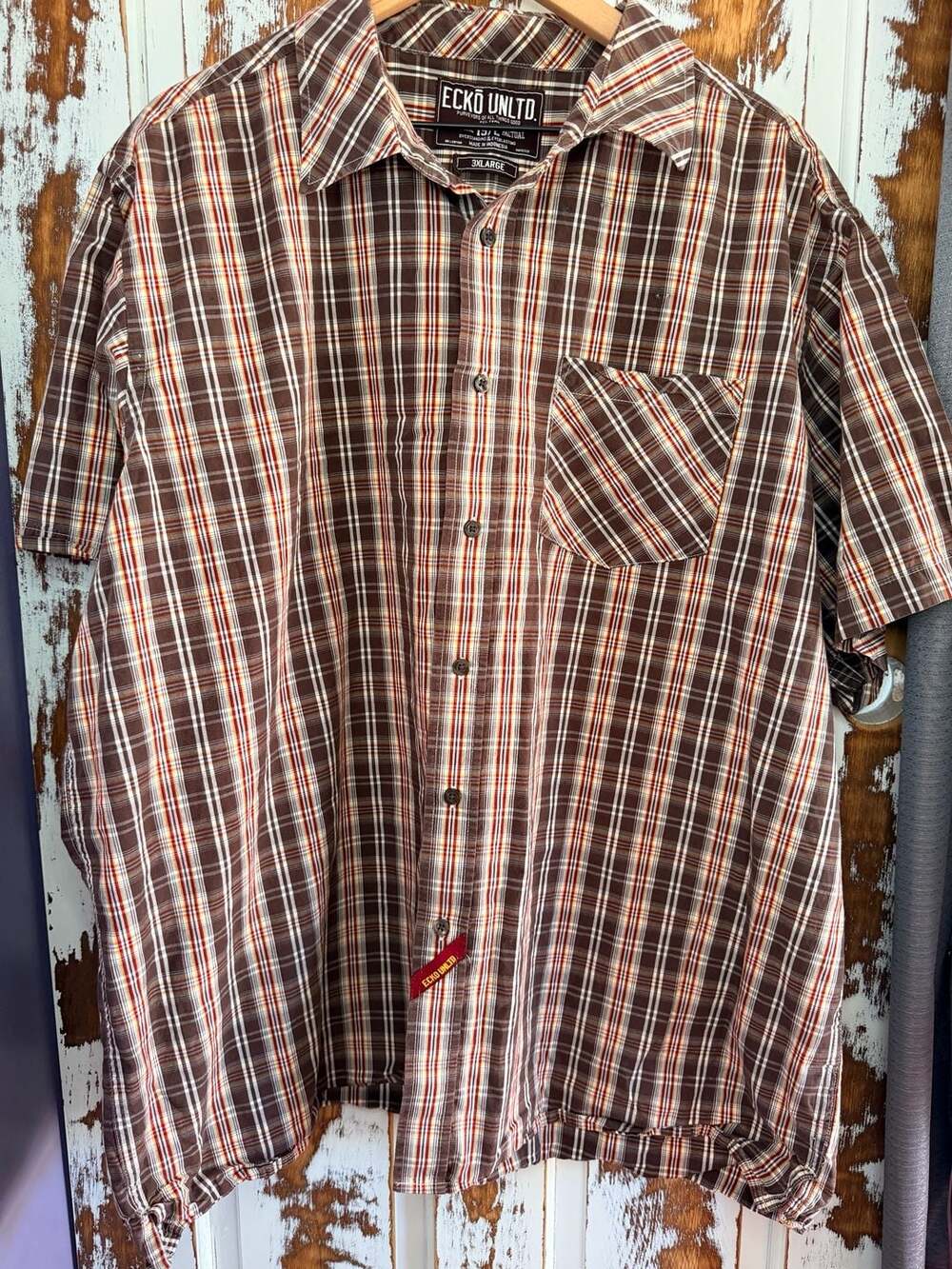 Ecko Unltd Mens Short Sleeve Plaid Button-Up Shirt Size 3XL Brown Y2K